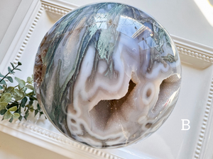 Moss Agate Sphere with Rotating Wood Stand || XL Showpiece