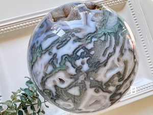 Moss Agate Sphere with Rotating Wood Stand || XL Showpiece