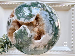 Moss Agate Sphere with Rotating Wood Stand || XL Showpiece