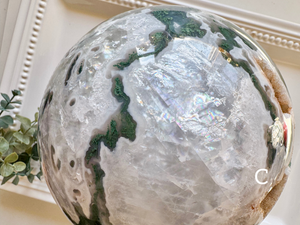 Moss Agate Sphere with Rotating Wood Stand || XL Showpiece