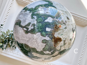 Moss Agate Sphere with Rotating Wood Stand || XL Showpiece