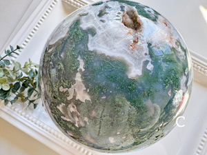 Moss Agate Sphere with Rotating Wood Stand || XL Showpiece
