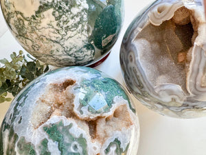 Moss Agate Sphere with Rotating Wood Stand || XL Showpiece