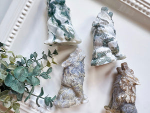 Moss Agate Wolf Carving