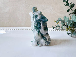 Moss Agate Wolf Carving