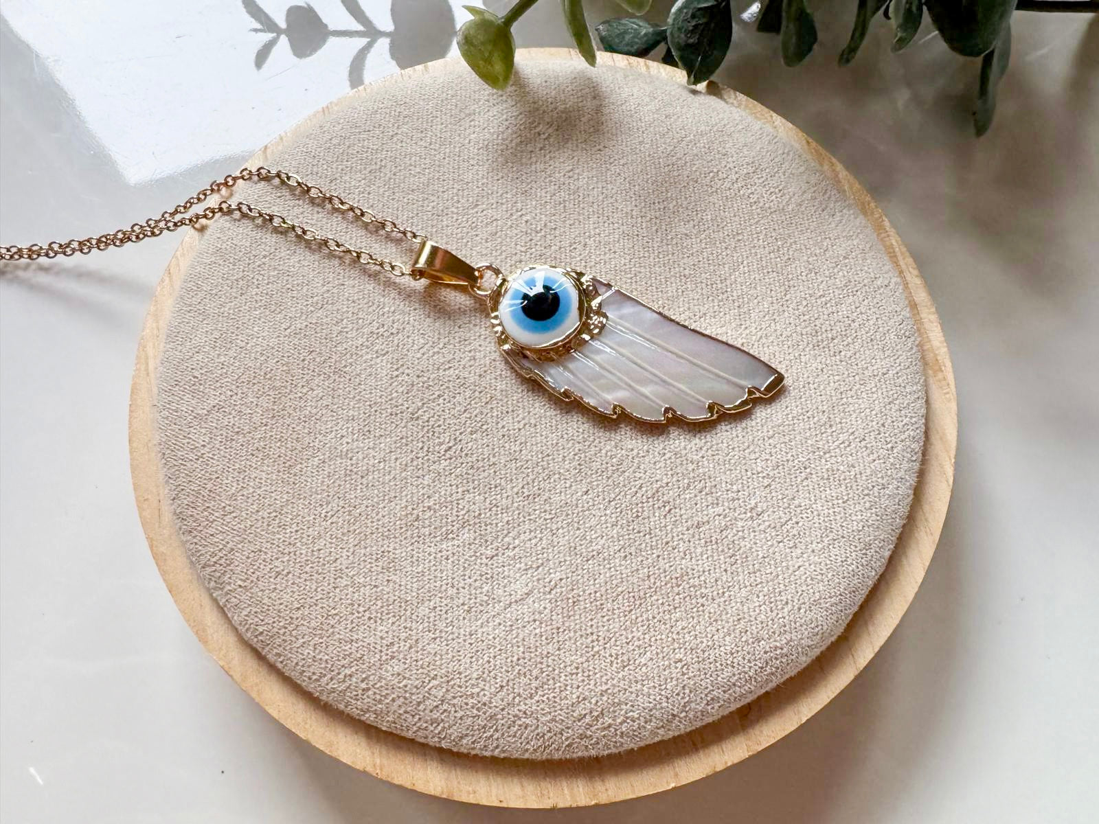  Mother of Pearl Evil Eye Angel Wing Necklace || Gold