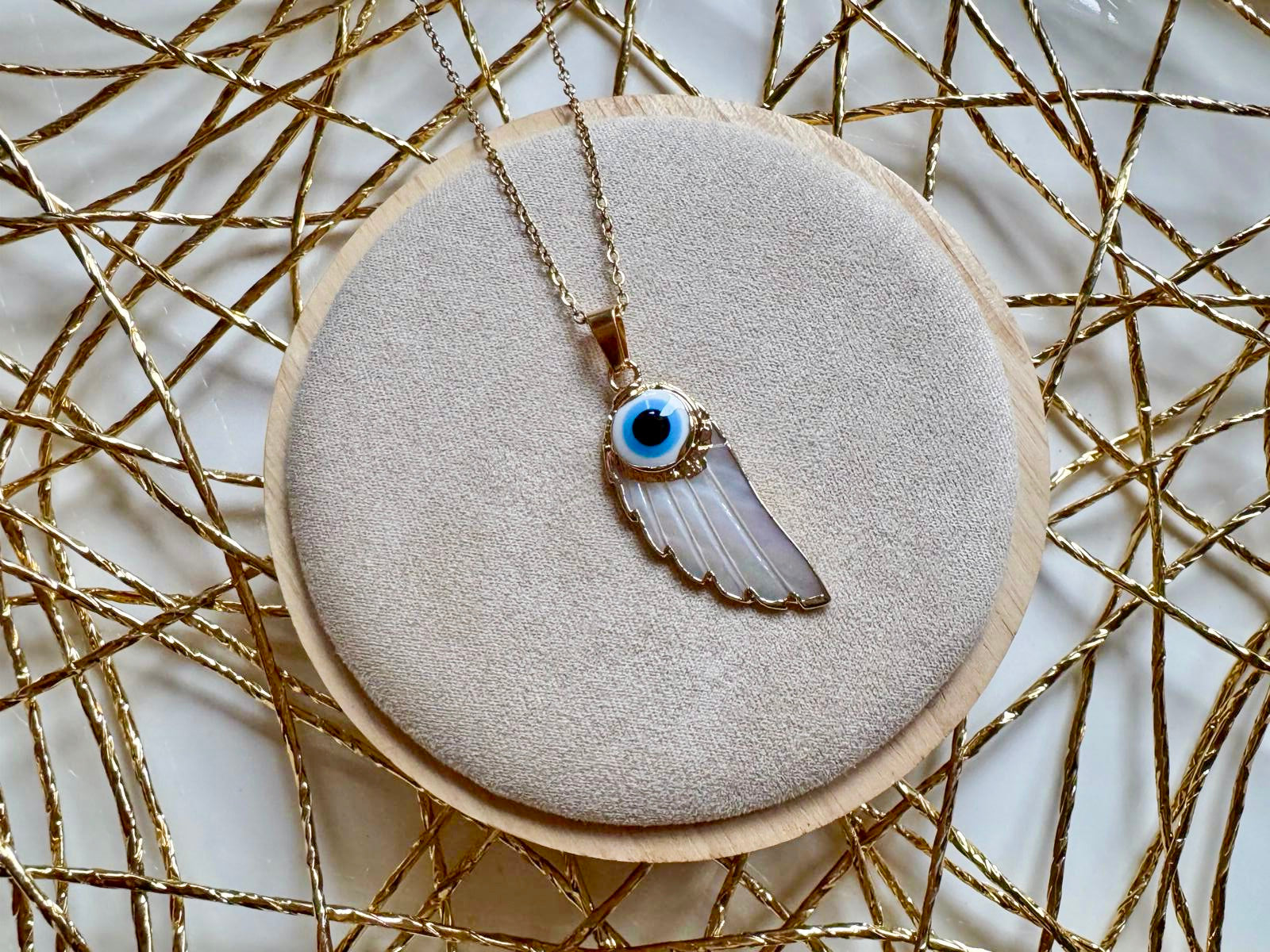  Mother of Pearl Evil Eye Angel Wing Necklace || Gold