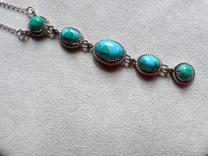 Navajo Sterling Kingman Turquoise Cabochon Five Stone Necklace || Handmade