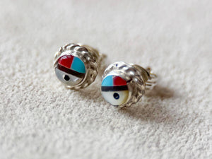 Navajo Three Spirit Inlay Sterling Post Earrings || Handmade