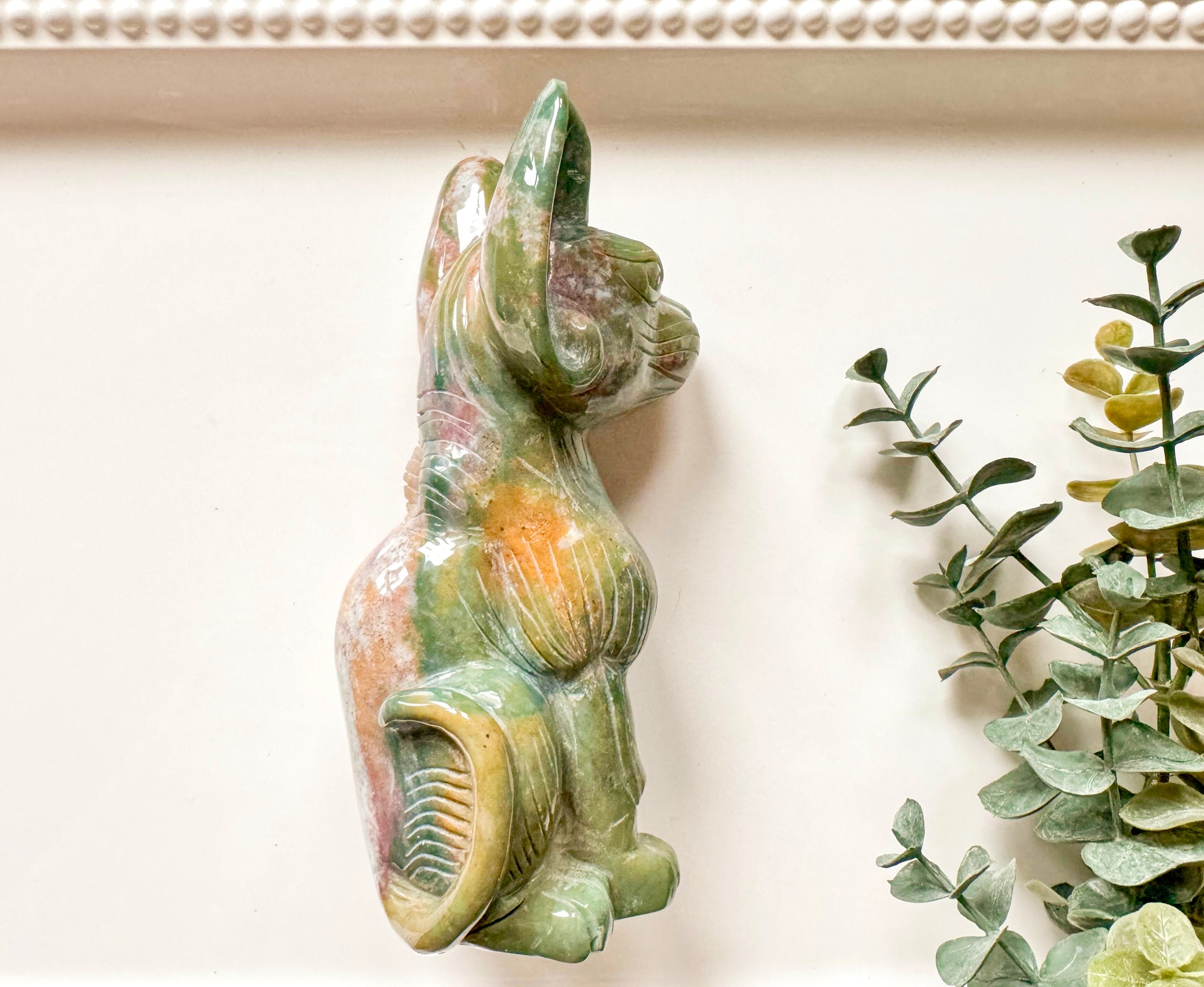 Ocean Jasper Sphynx Cat Carving