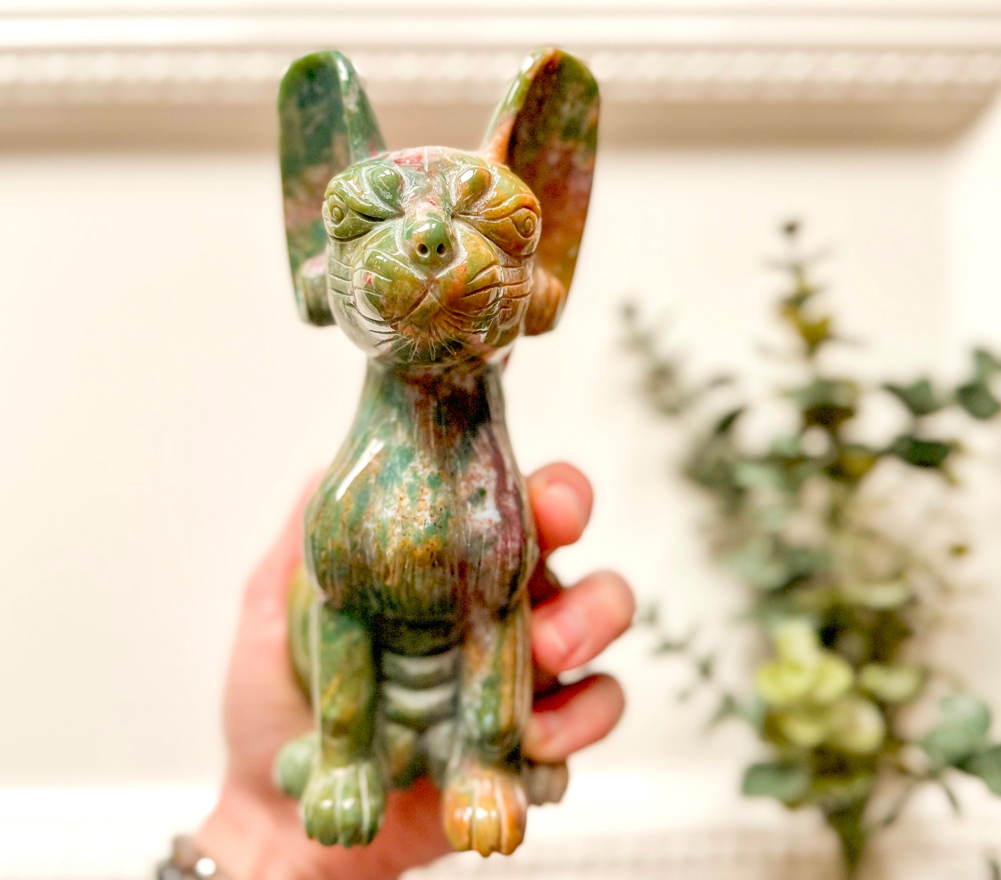 Ocean Jasper Sphynx Cat Carving