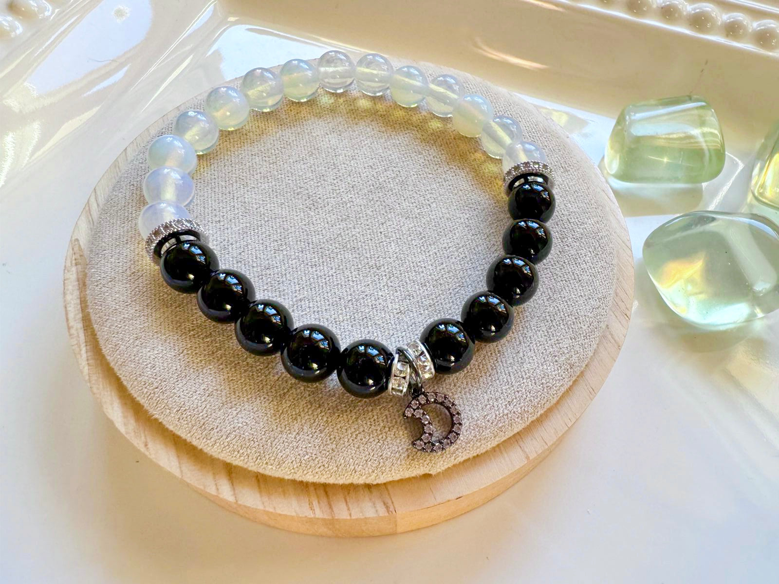 Onyx & Opalite Crescent Moon Bracelet || Reiki Infused (In Store)