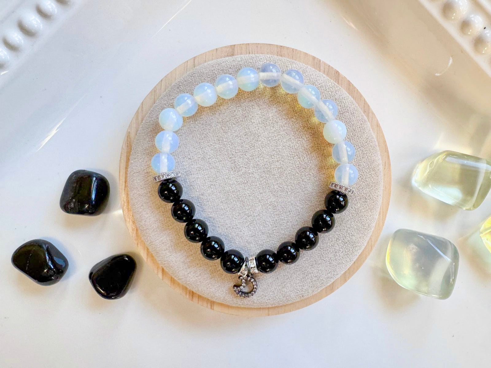 Onyx & Opalite Crescent Moon Bracelet || Reiki Infused (In Store)