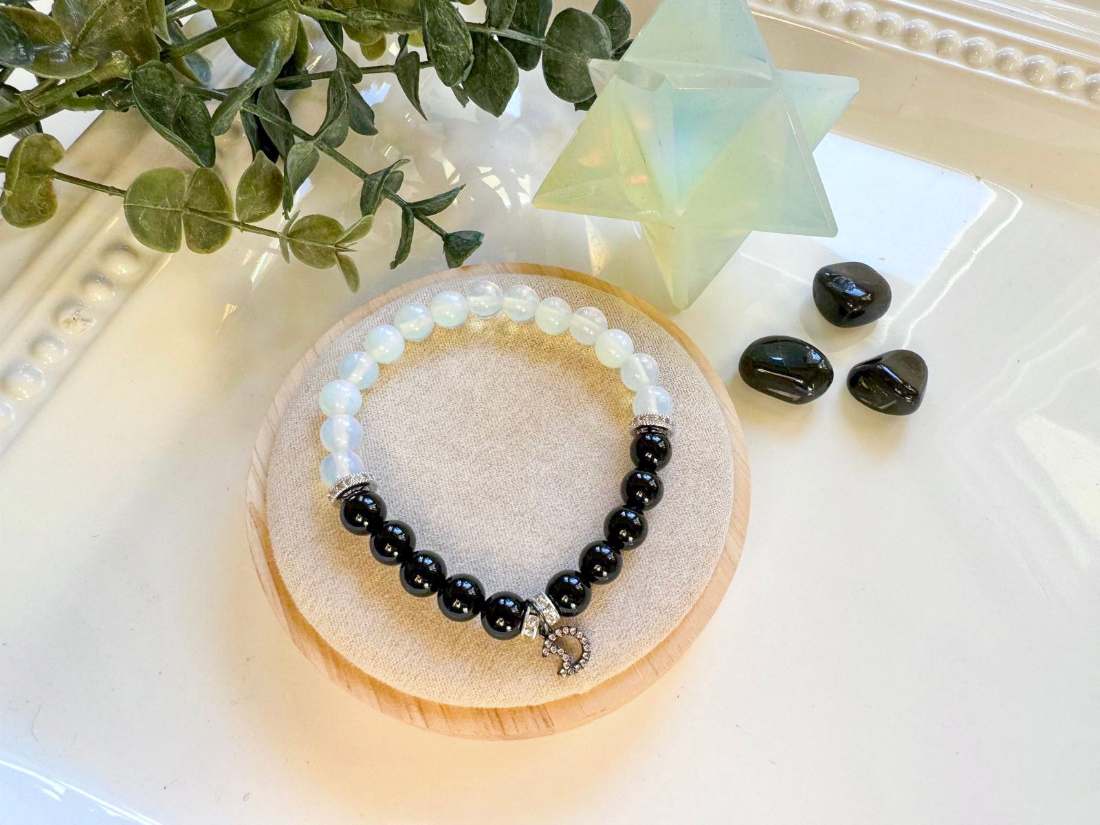 Onyx & Opalite Crescent Moon Bracelet || Reiki Infused (In Store)