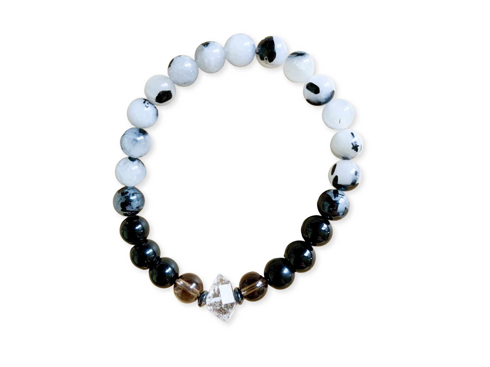 Onyx, Tourmalinated Quartz, Smoky Quartz, Herkimer Diamond Beaded Bracelet || Reiki Infused