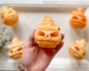 Orange Calcite Jack-O'-Lantern with Witch Hat Carving