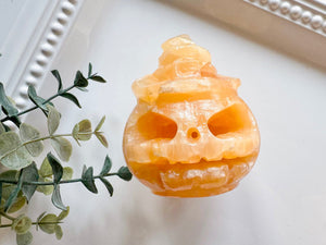 Orange Calcite Jack-O'-Lantern with Witch Hat Carving