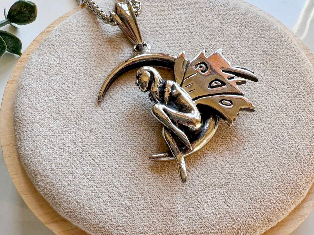 Fairy on Crescent Moon Necklace || Stainless Steel