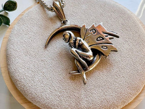 Fairy on Crescent Moon Necklace || Stainless Steel