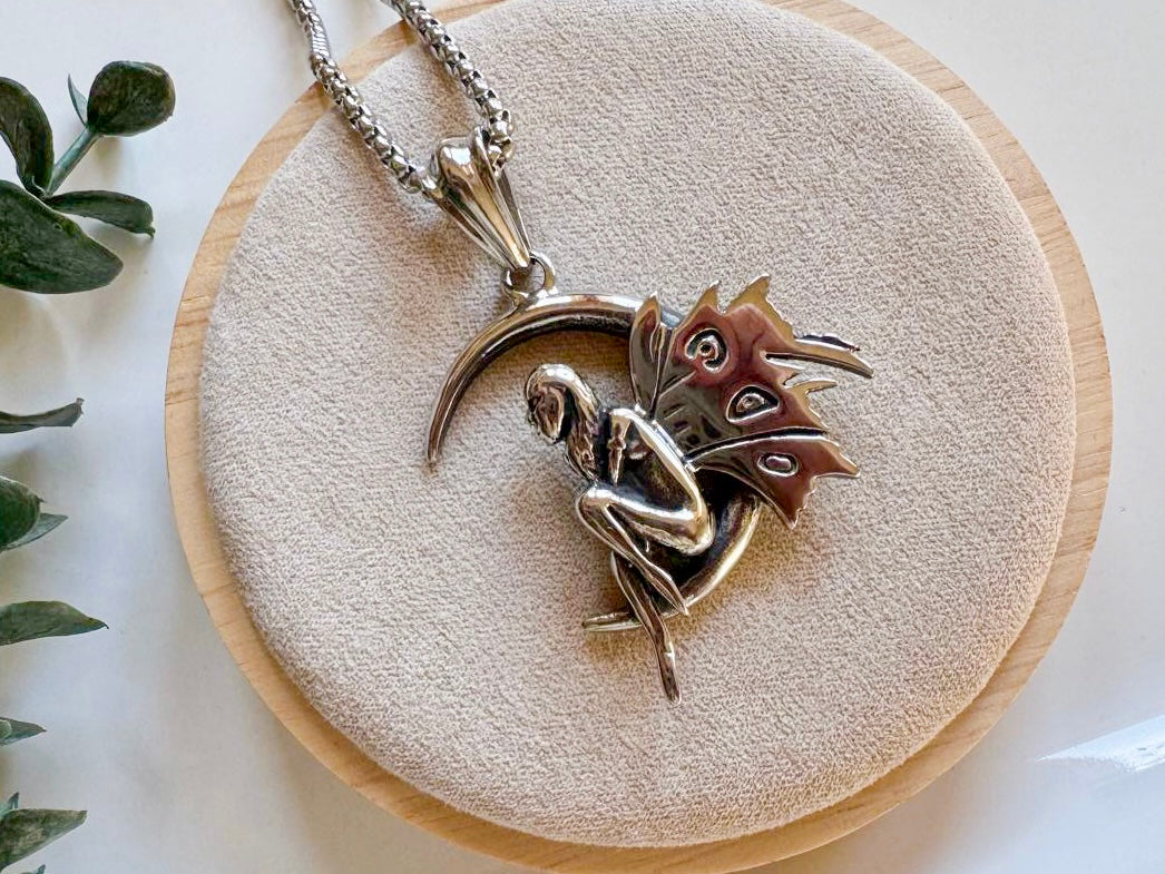 Fairy on Crescent Moon Necklace || Stainless Steel