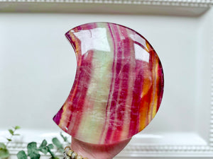 Pastel Candy Fluorite Crescent Moon in Metal Stand || Large