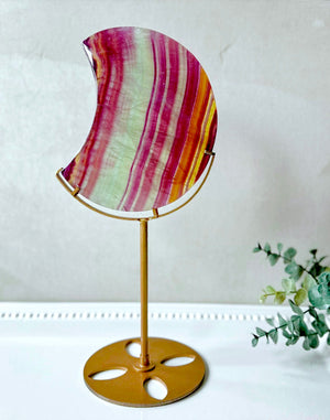 Pastel Candy Fluorite Crescent Moon in Metal Stand || Large