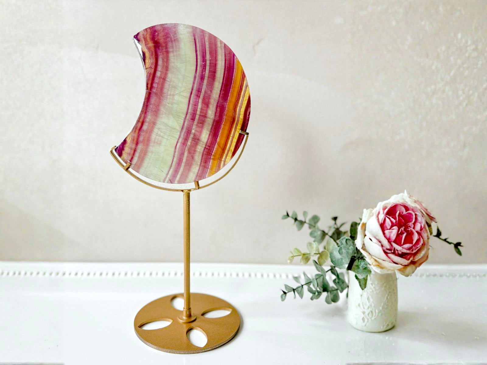 Pastel Candy Fluorite Crescent Moon in Metal Stand || Large