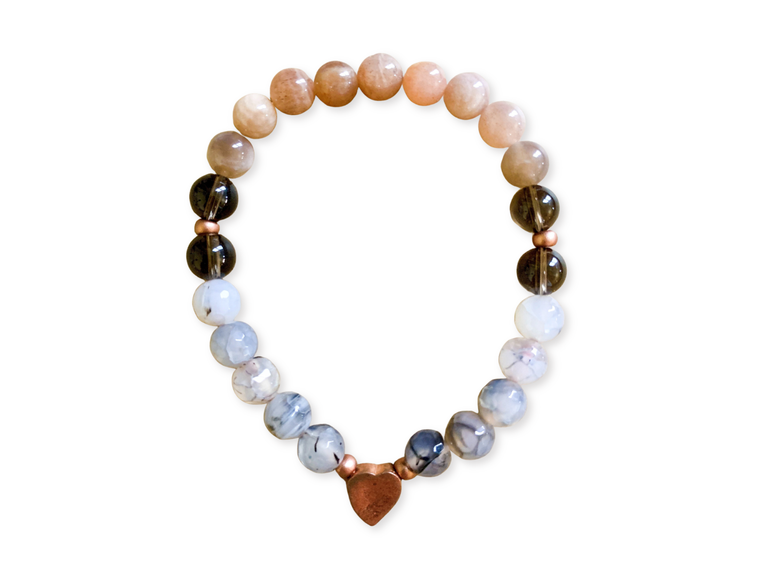 Peach Moonstone, Dragon Vein Agate, Smoky Quartz, and Copper Beaded Bracelet || Reiki Infused