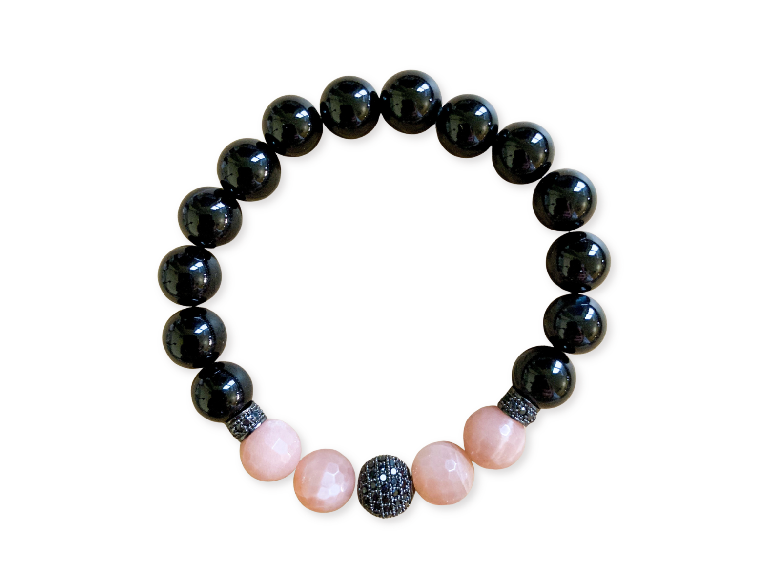 Peach Moonstone, Onyx & Mico Pave 10mm Beaded Bracelet || Reiki Infused