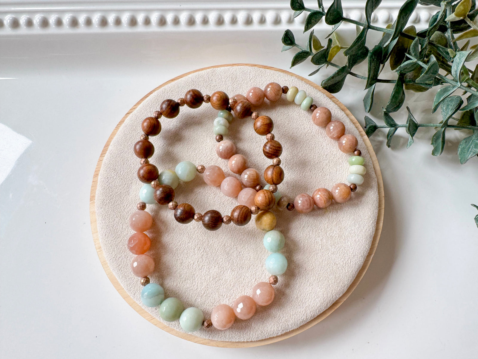 Peach Moonstone, Amazonite & Ebony Wood Summer Sunset Beaded Bracelet || Reiki Infused Stack