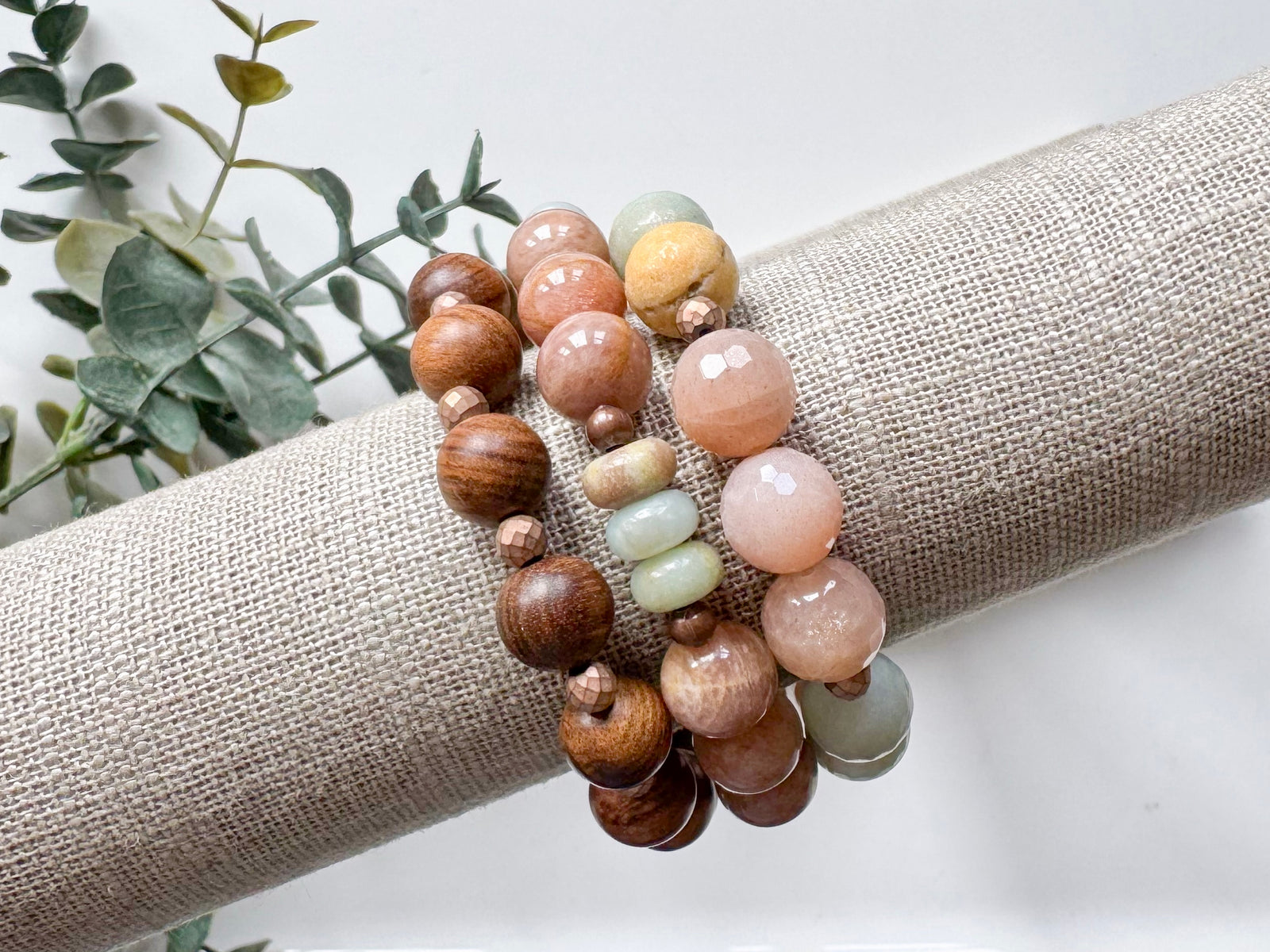 Peach Moonstone, Amazonite & Ebony Wood Summer Sunset Beaded Bracelet || Reiki Infused Stack