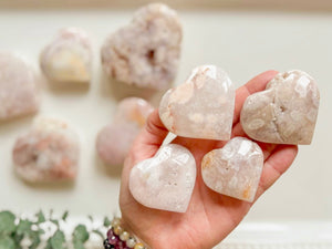 Pink Amethyst with Flower Agate Hearts