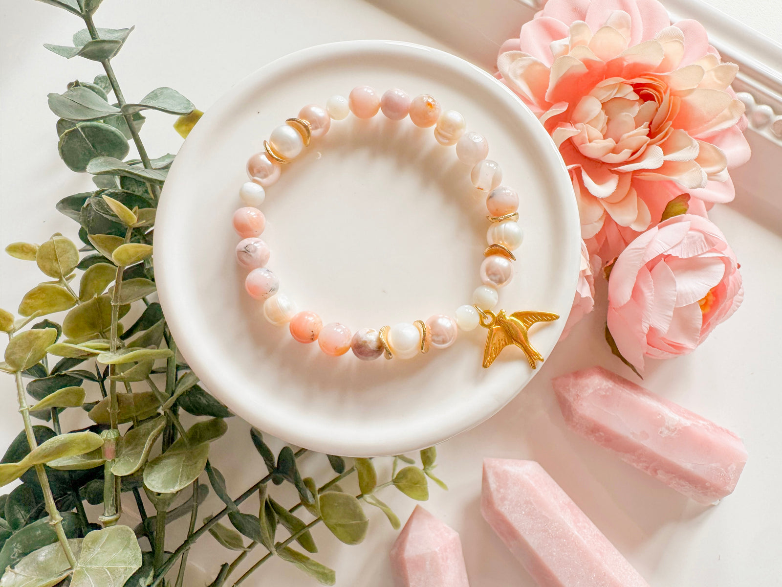 Pink Opal & Mother of Pearl Dove Beaded Bracelet || Reiki Infused (In store)