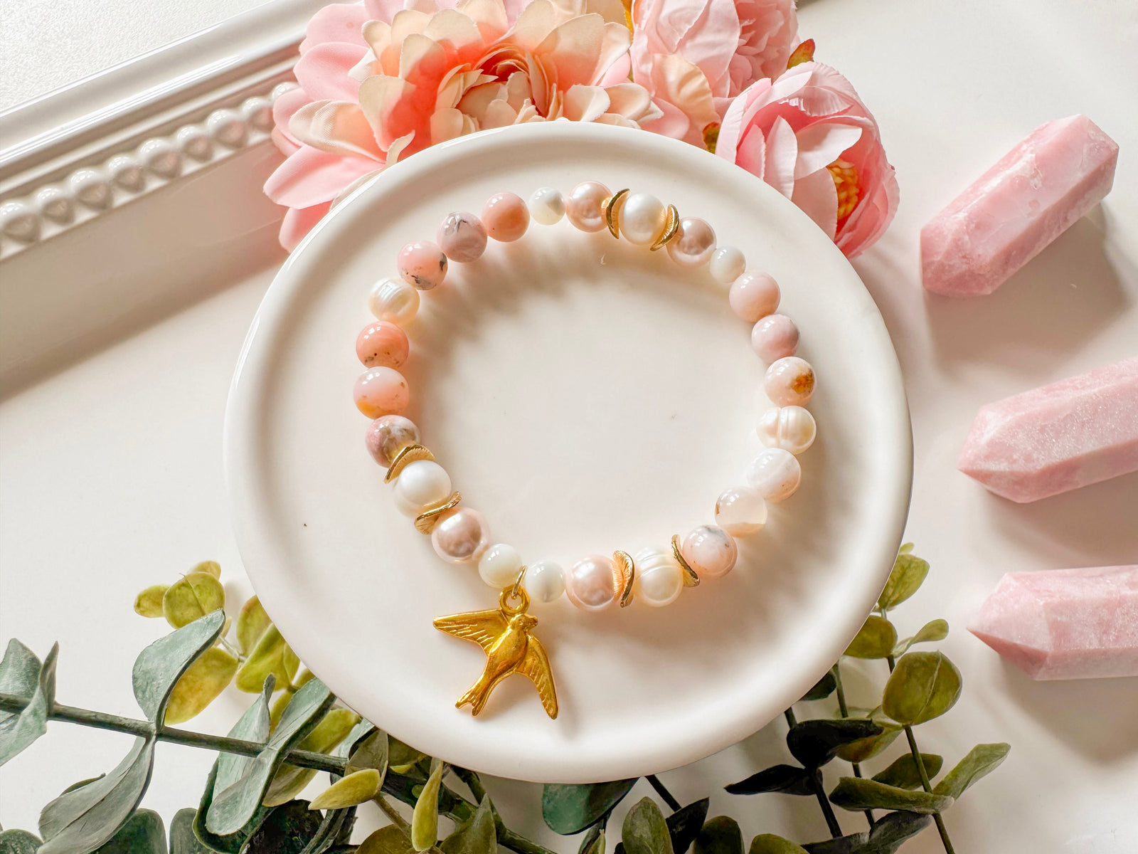 Pink Opal & Mother of Pearl Dove Beaded Bracelet || Reiki Infused (In store)