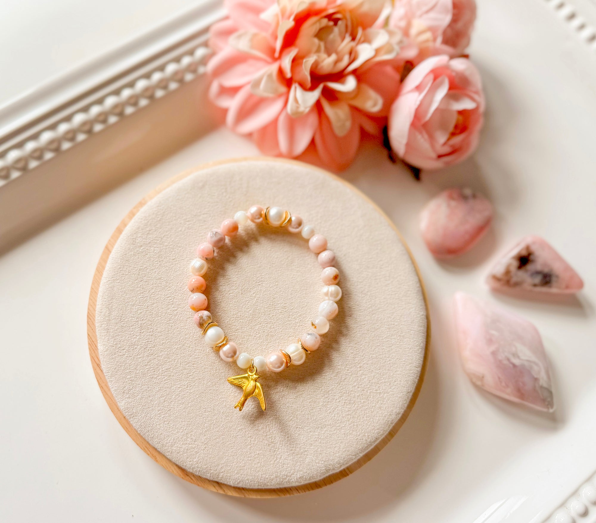 Pink Opal & Mother of Pearl Dove Beaded Bracelet || Reiki Infused (In store)