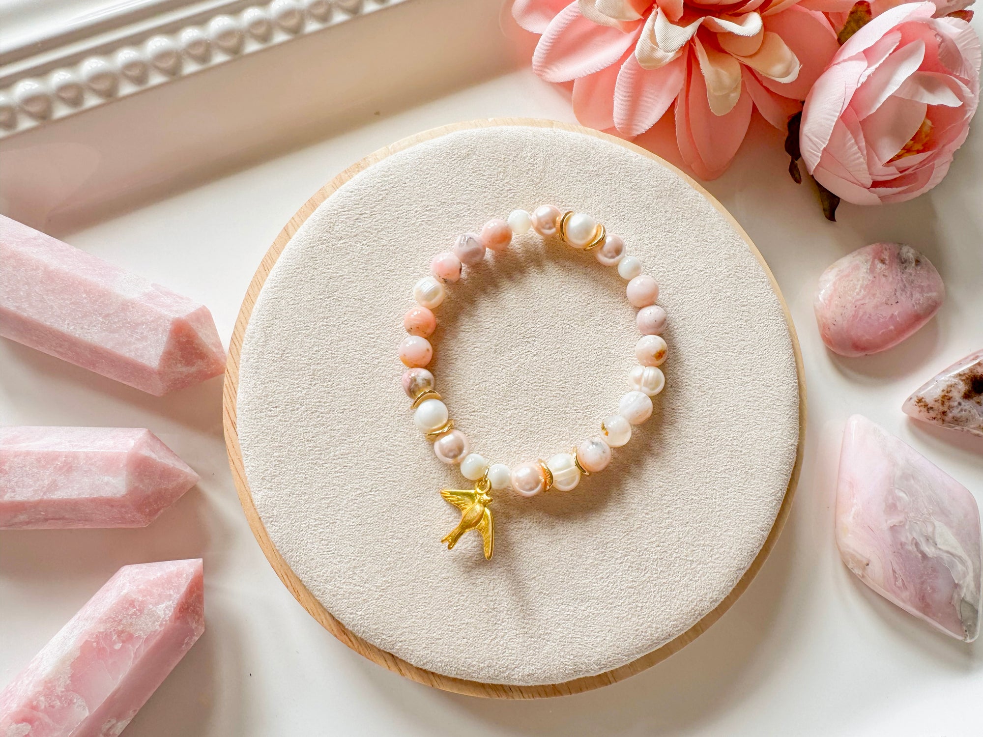 Pink Opal & Mother of Pearl Dove Beaded Bracelet || Reiki Infused (In store)