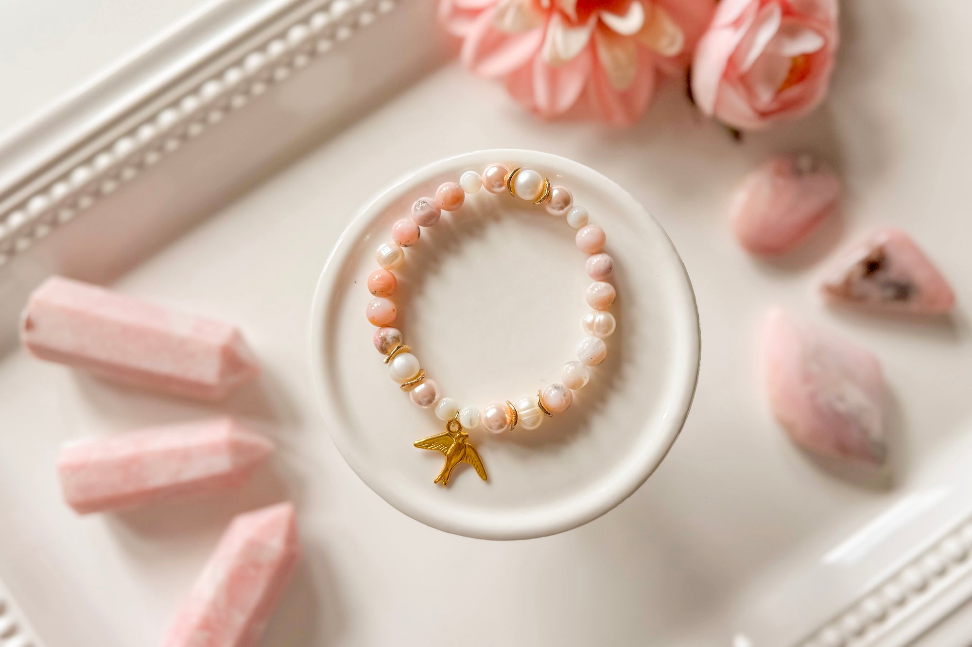 Pink Opal & Mother of Pearl Dove Beaded Bracelet || Reiki Infused (In store)