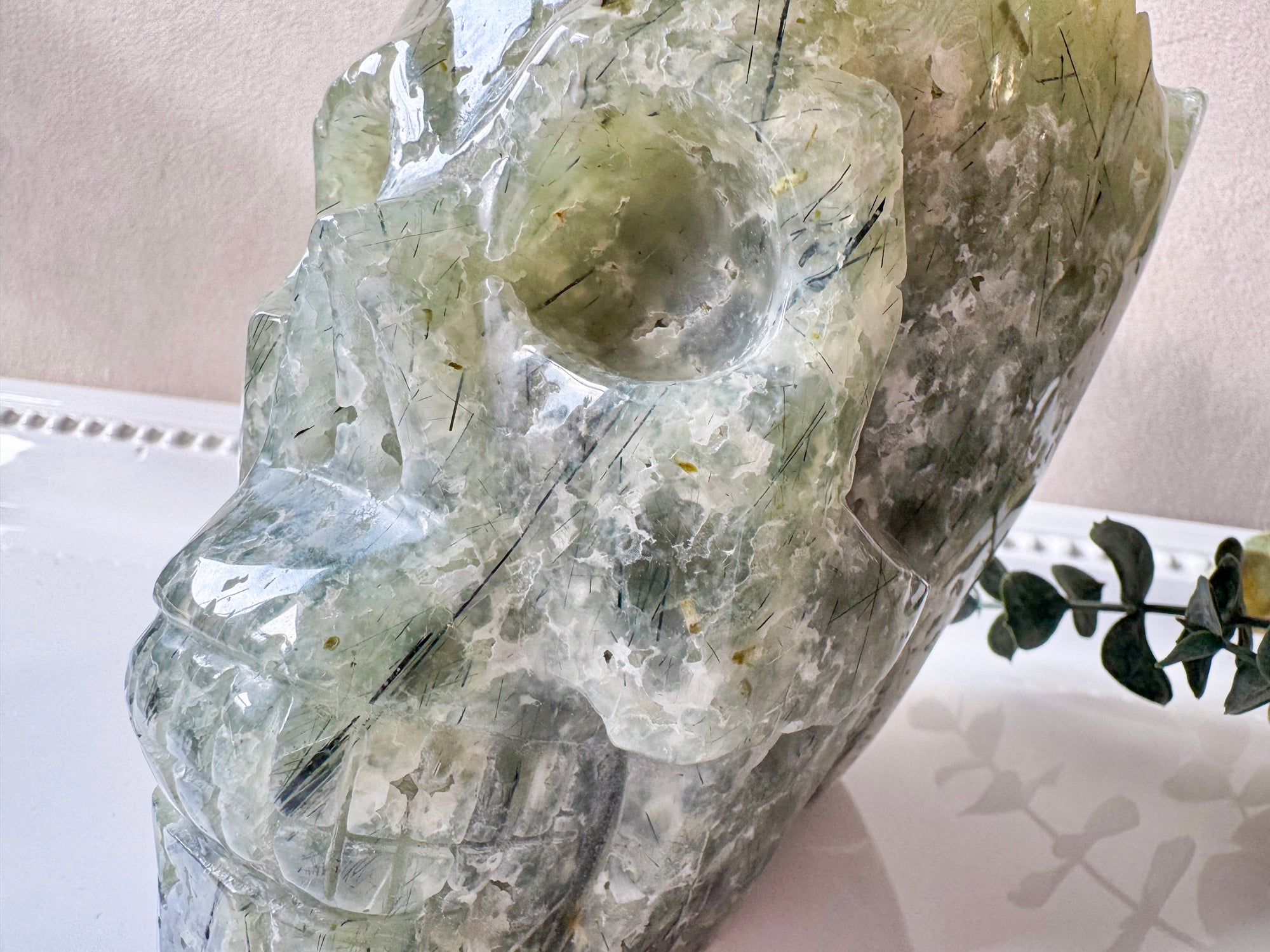 Prehnite Raw & Polished Skull