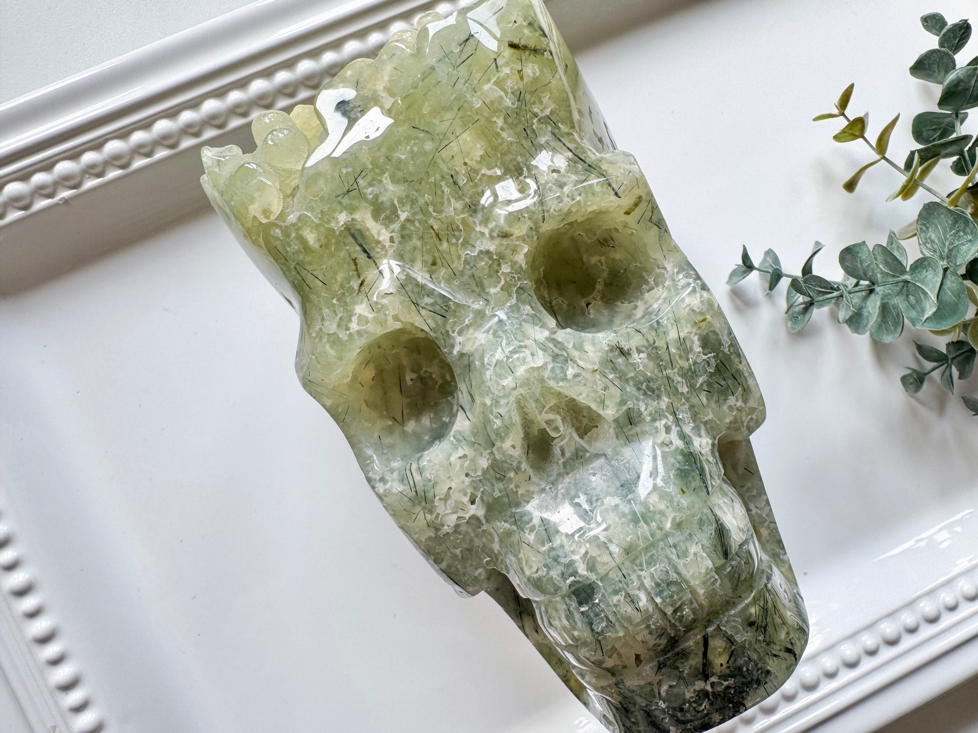 Prehnite Raw & Polished Skull