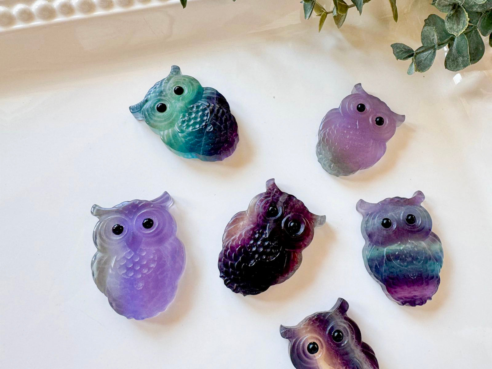 Rainbow Fluorite Flat Back Owl Carving