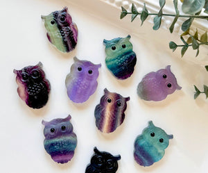 Rainbow Fluorite Flat Back Owl Carving