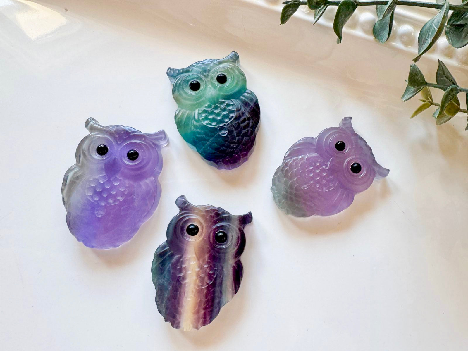 Rainbow Fluorite Flat Back Owl Carving