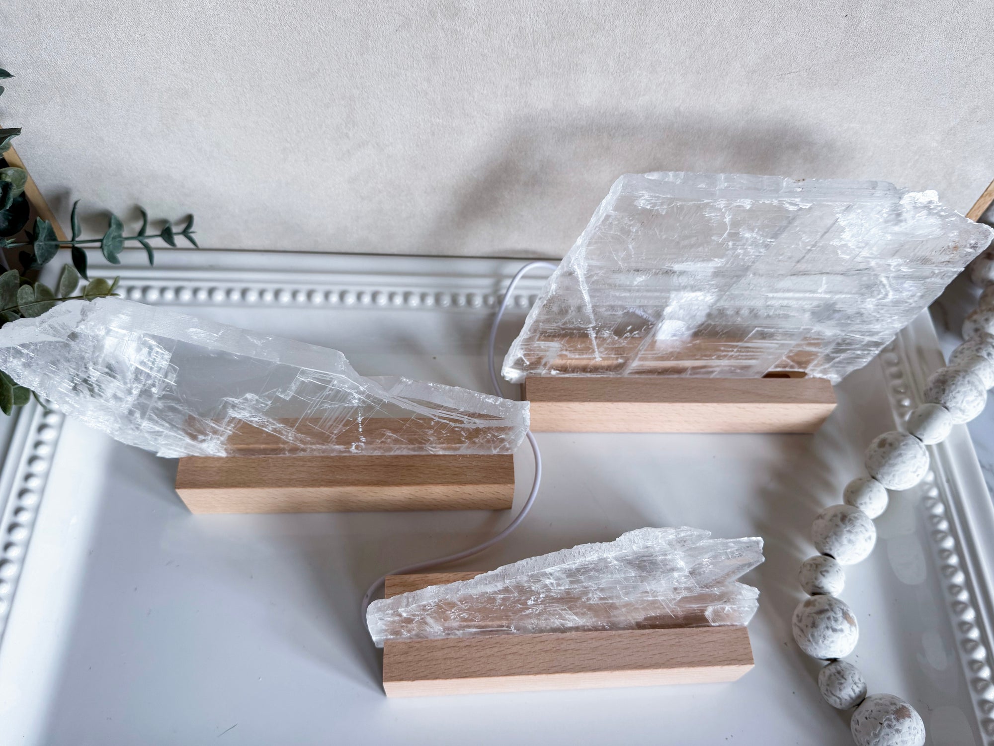 Raw Selenite Plate on Light Stand || White Light
