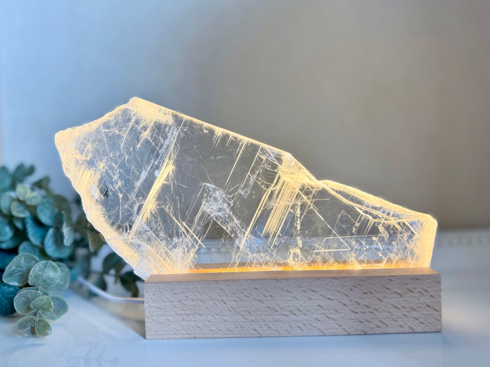 Raw Selenite Plate on Light Stand || White Light $44