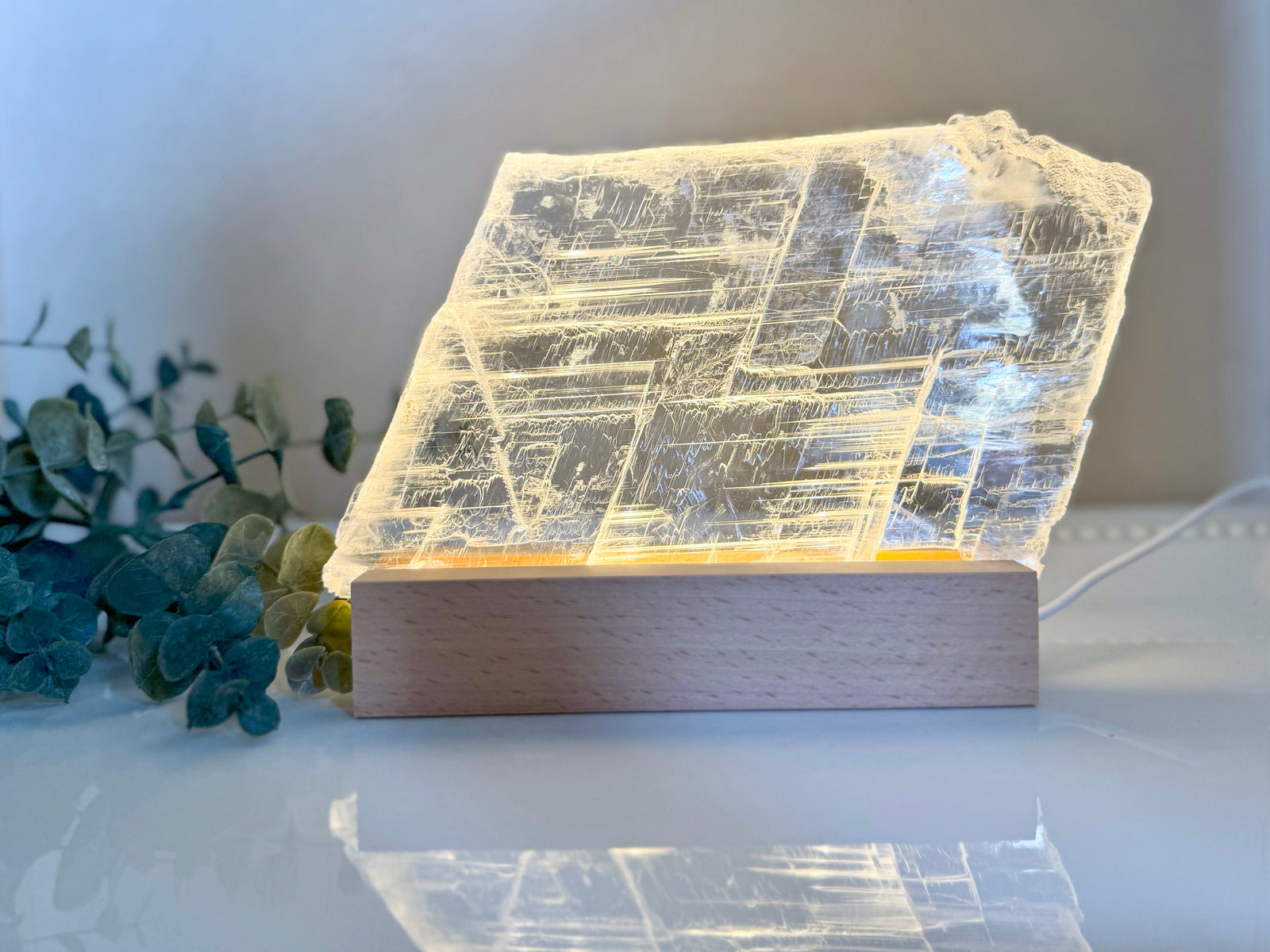 Raw Selenite Plate on Light Stand || White Light $55