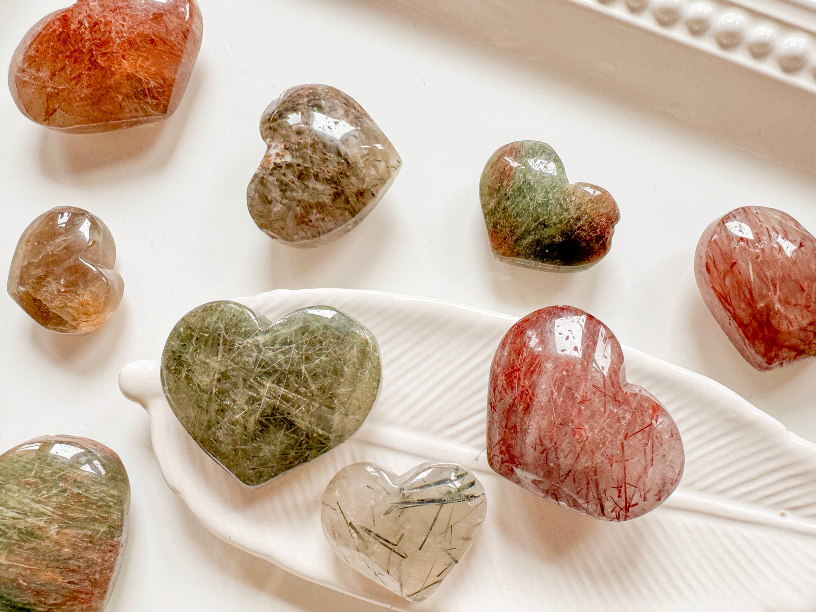 Red & Green Rutile in Quartz Hearts