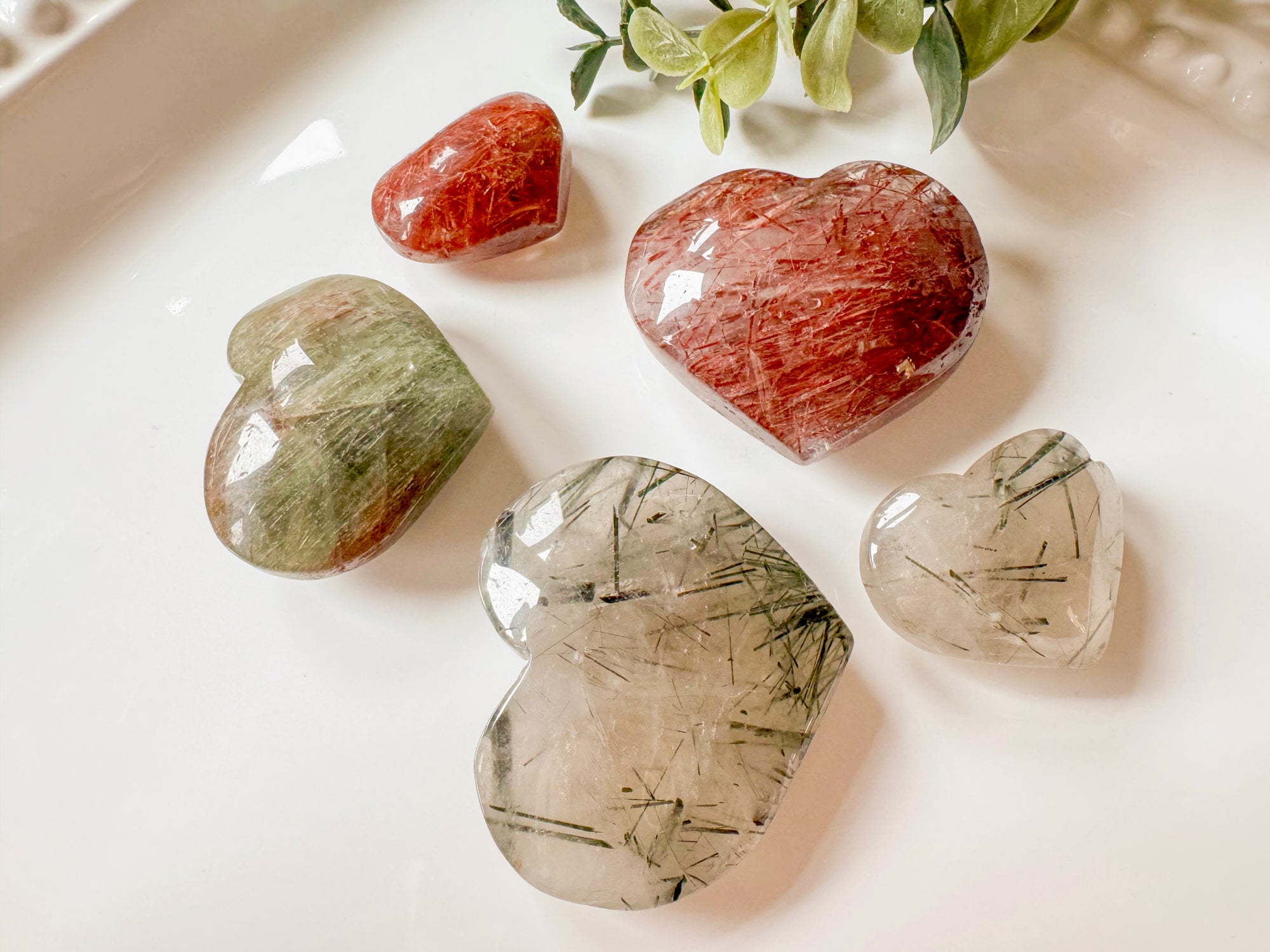 Red & Green Rutile in Quartz Hearts