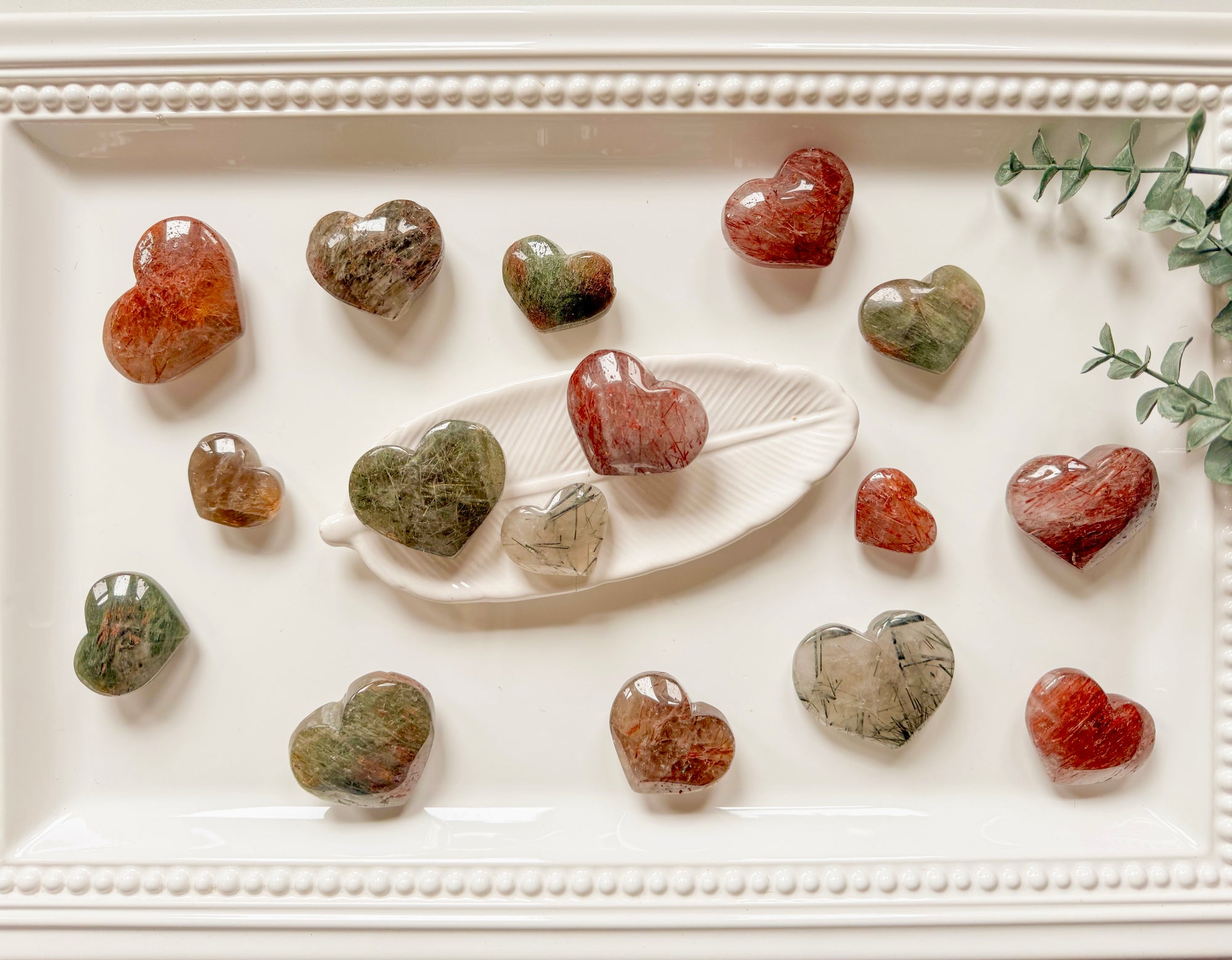 Red & Green Rutile in Quartz Hearts