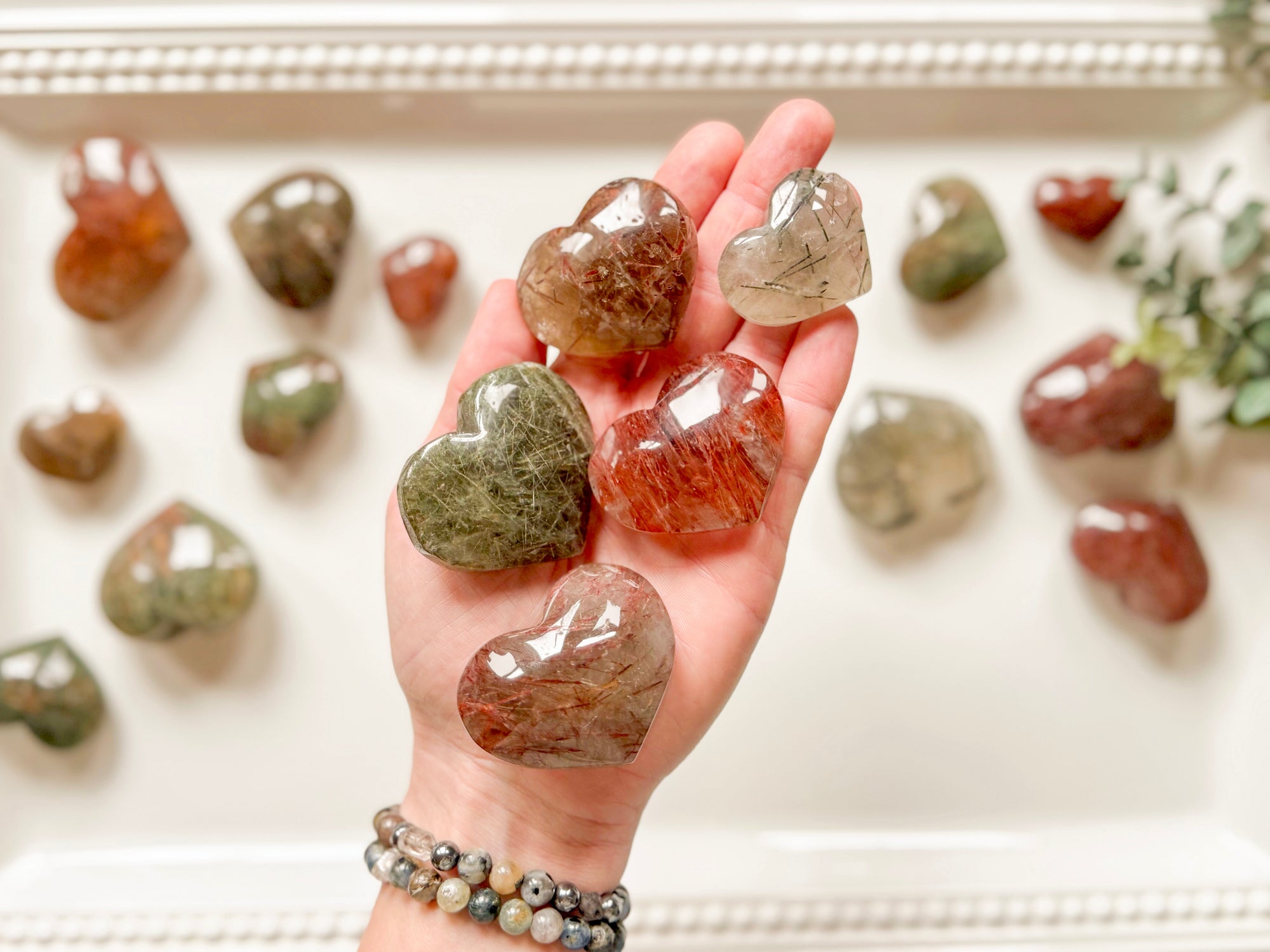 Red & Green Rutile in Quartz Hearts