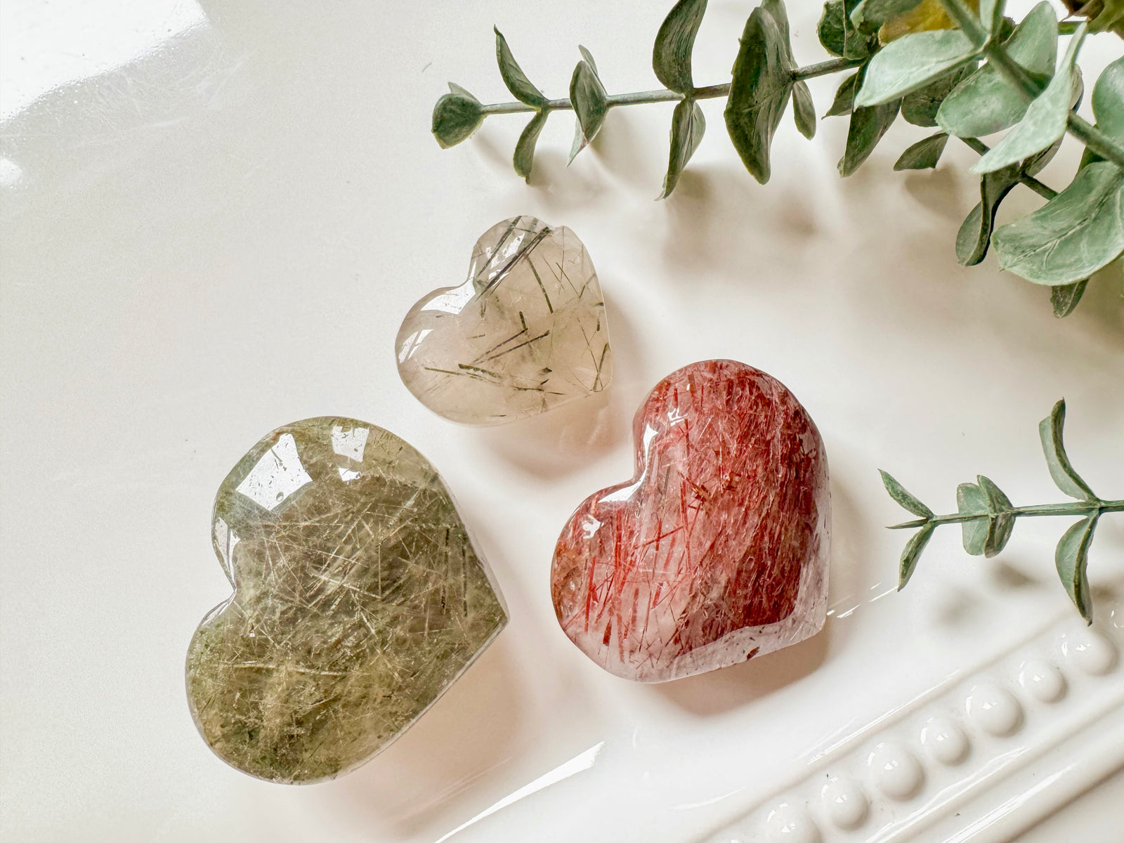 Red & Green Rutile in Quartz Hearts